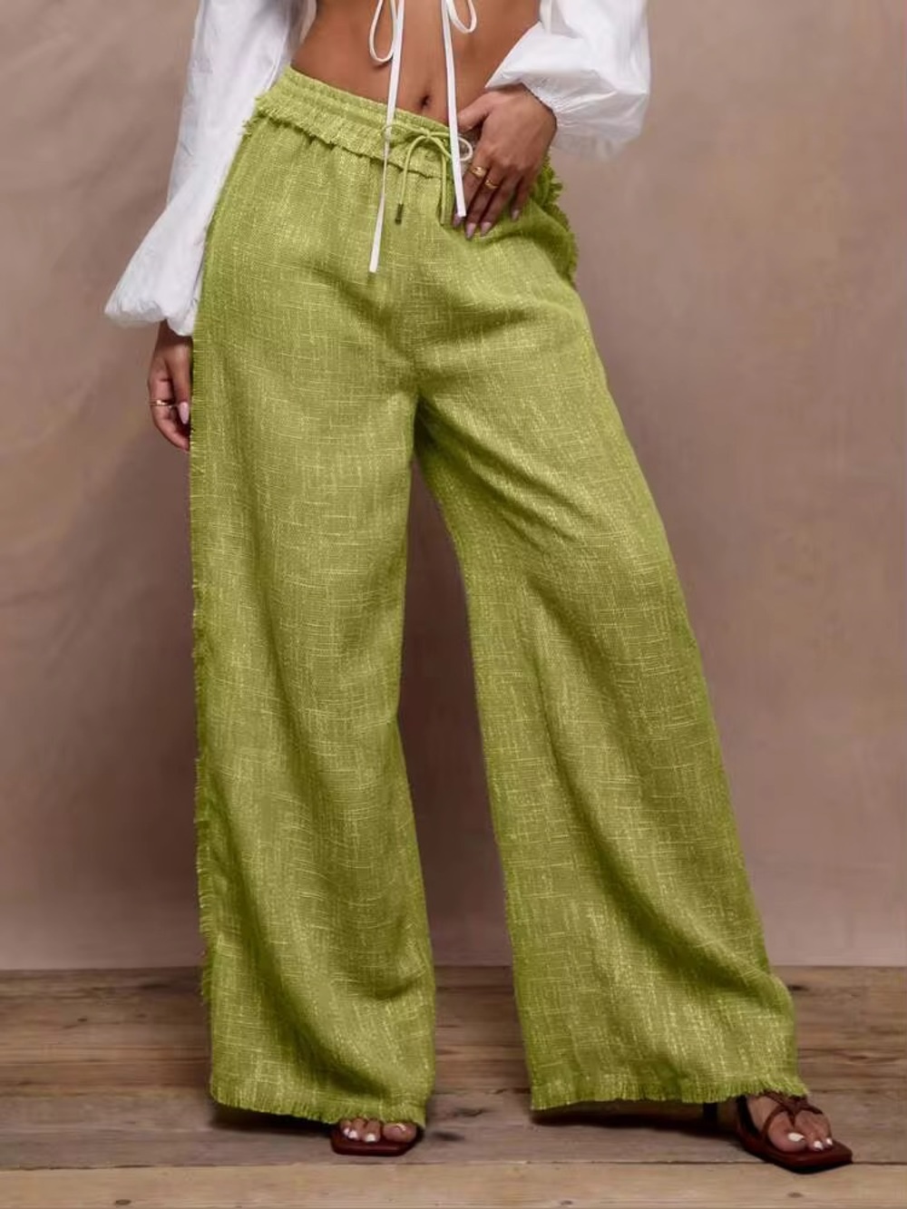 NEW Musera Chartreuse Textured Fringe Wide Leg Pants Boho Festival Pull On